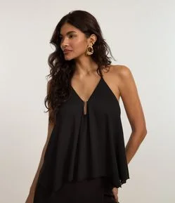 Blusa Alongada em Chiffon Frente Única co Aviamento