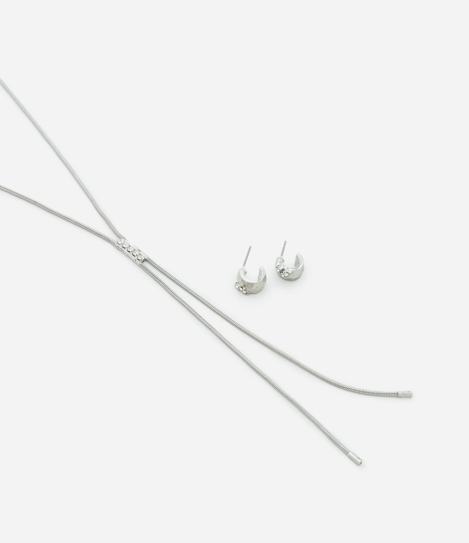 Conjunto de Colar Gravatinha em Rabo de Rato com Strass e Brinco Argola Prata 2