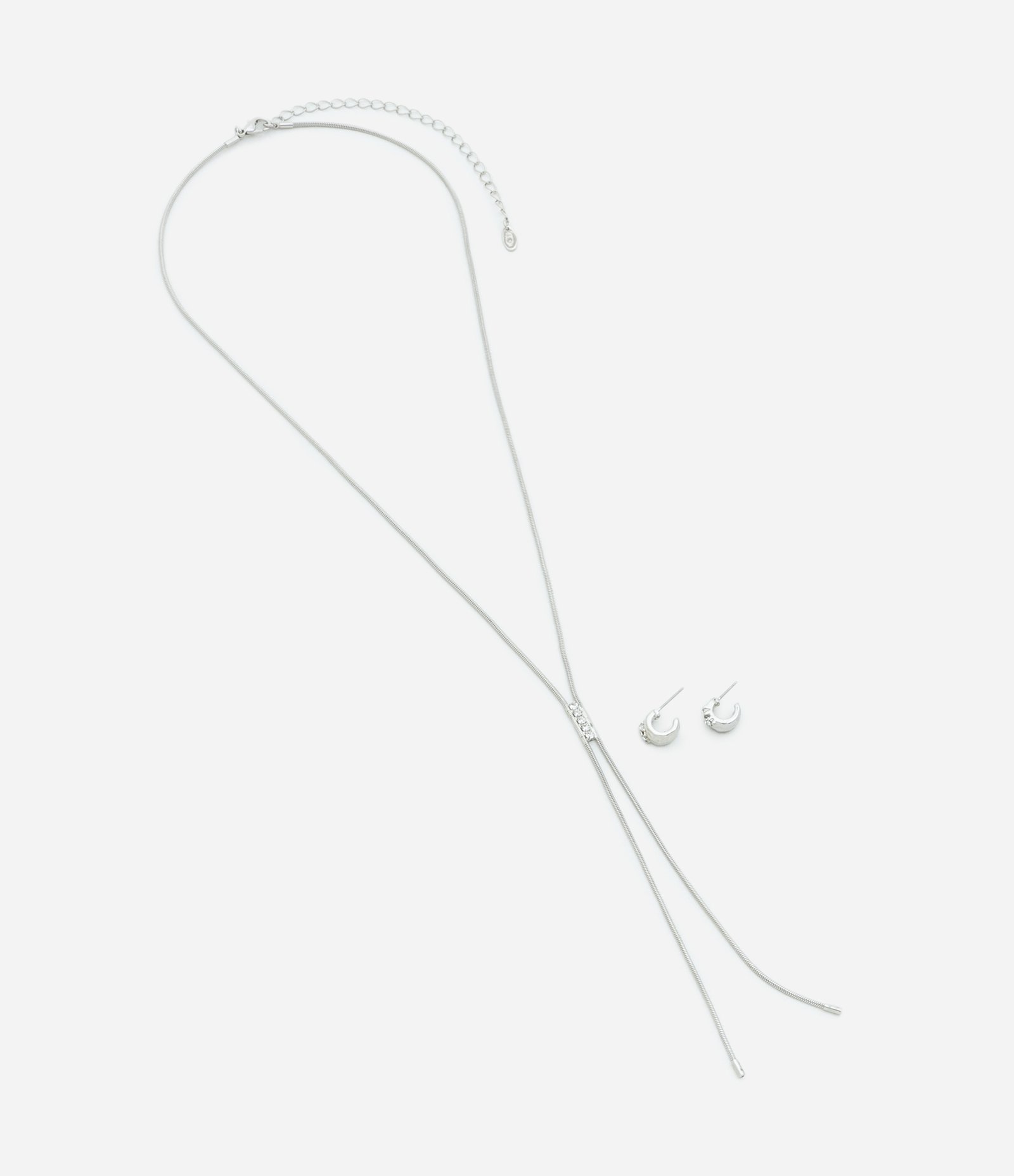 Conjunto de Colar Gravatinha em Rabo de Rato com Strass e Brinco Argola Prata 3