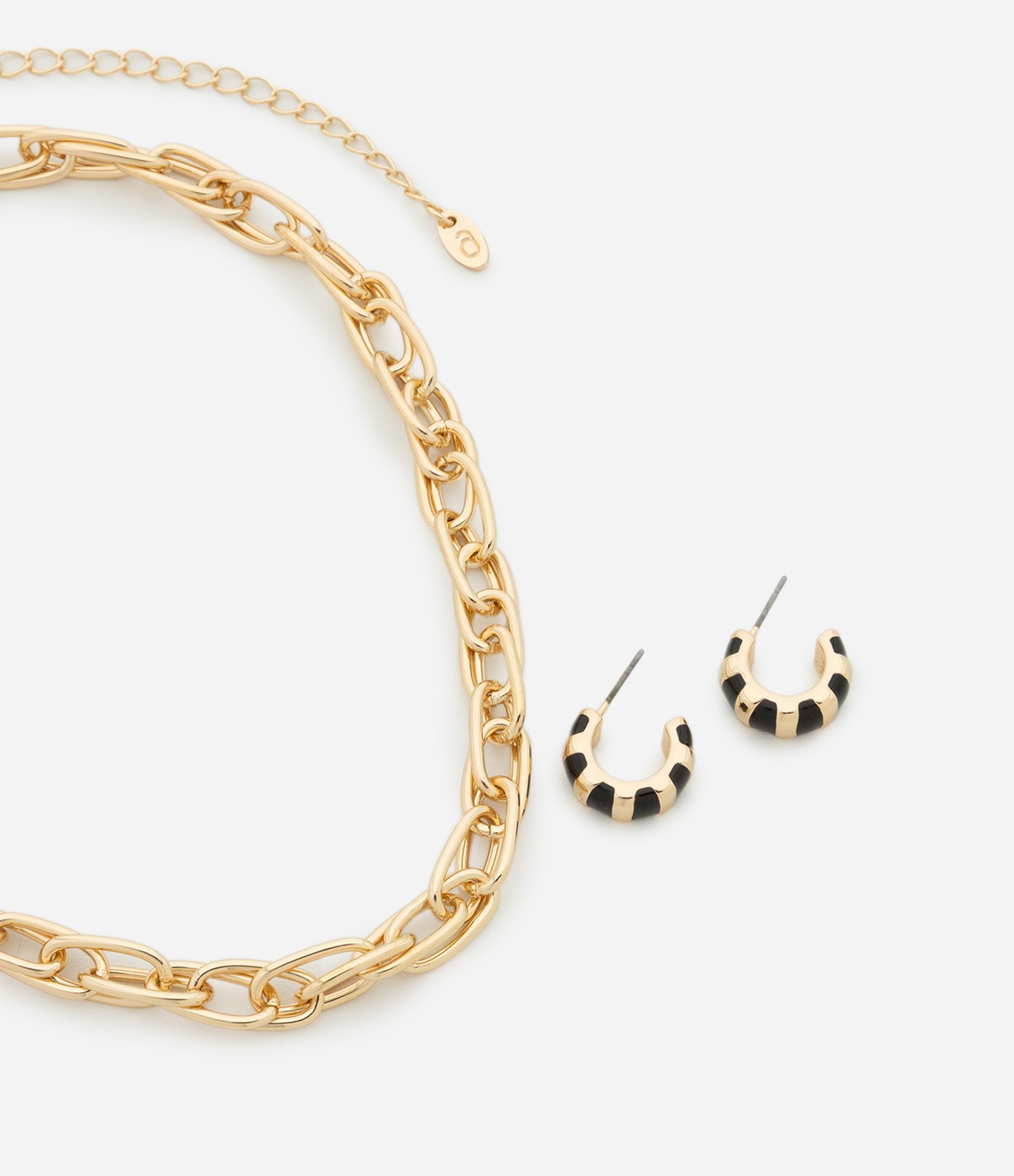 Conjunto de Colar Curto de Elos Duplos e Brinco Argola com Gomos Esmaltados Dourado 2