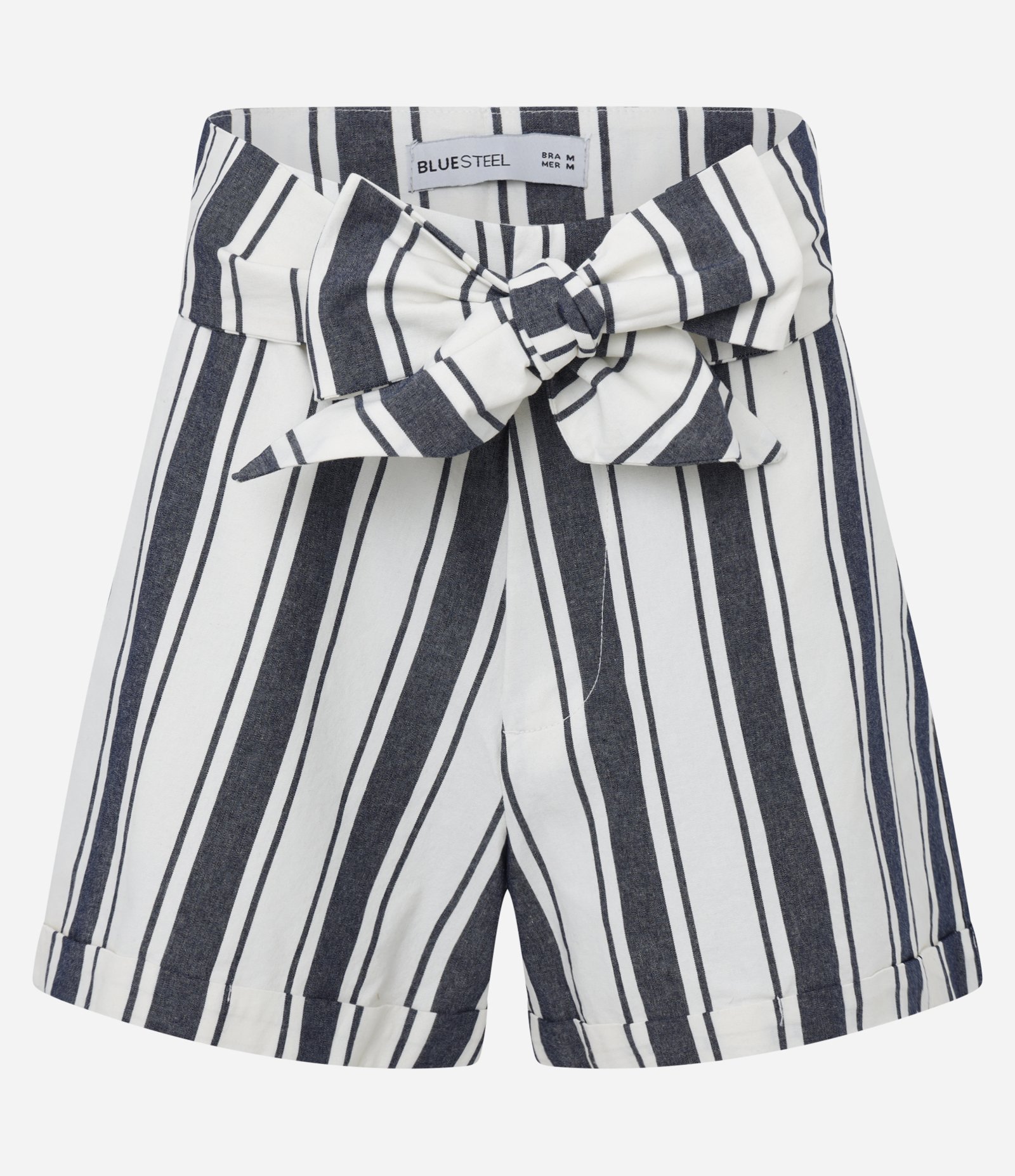 Short em Tricoline Listrado com Amarração Frontal Azul/Off White 5