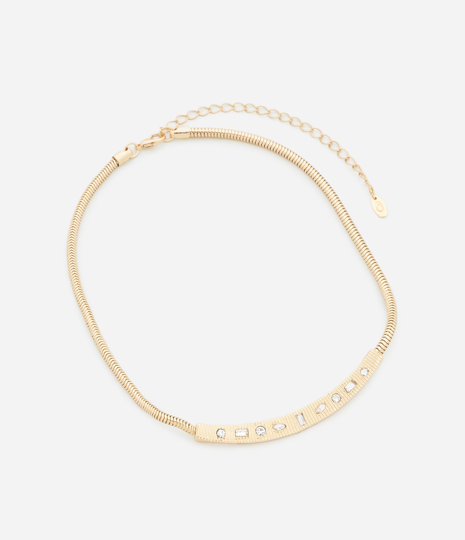 Colar Curto com Corrente Rabo de Rato e Placa com Strass Dourado 3