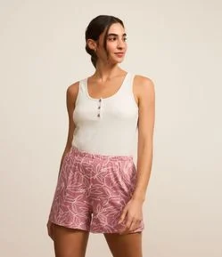 Pijama Short Doll em Ribana com Botões e Estampa de Folhagem