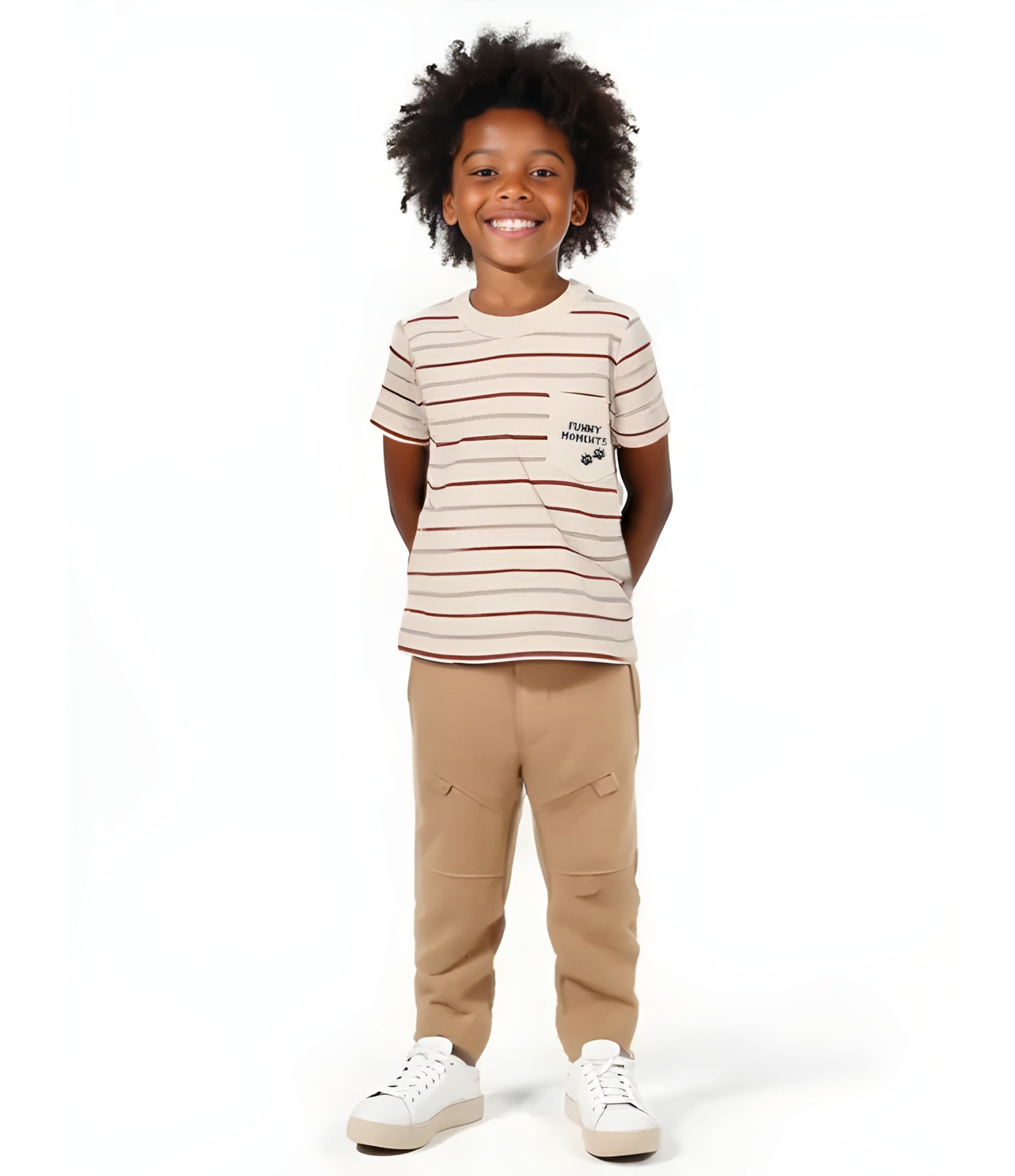 Camiseta Infantil com Bolsinho e Estampa Listrada - Tam 1 a 6 Anos Bege 1