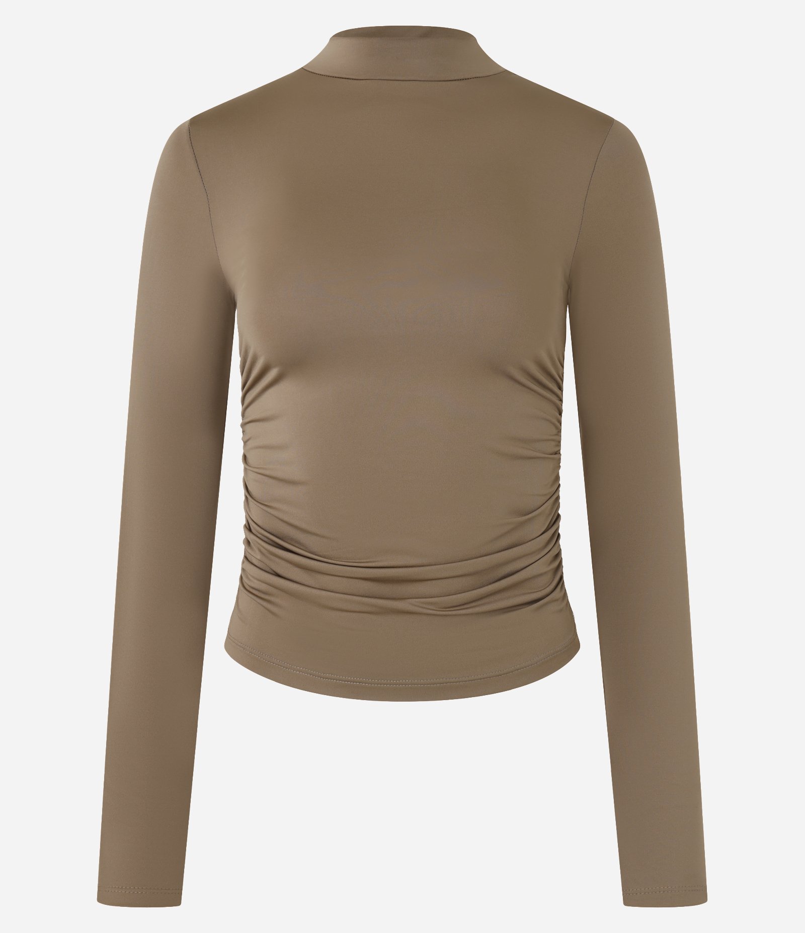 Blusa em Microfibra com Franzido e Gola Alta Bege 4