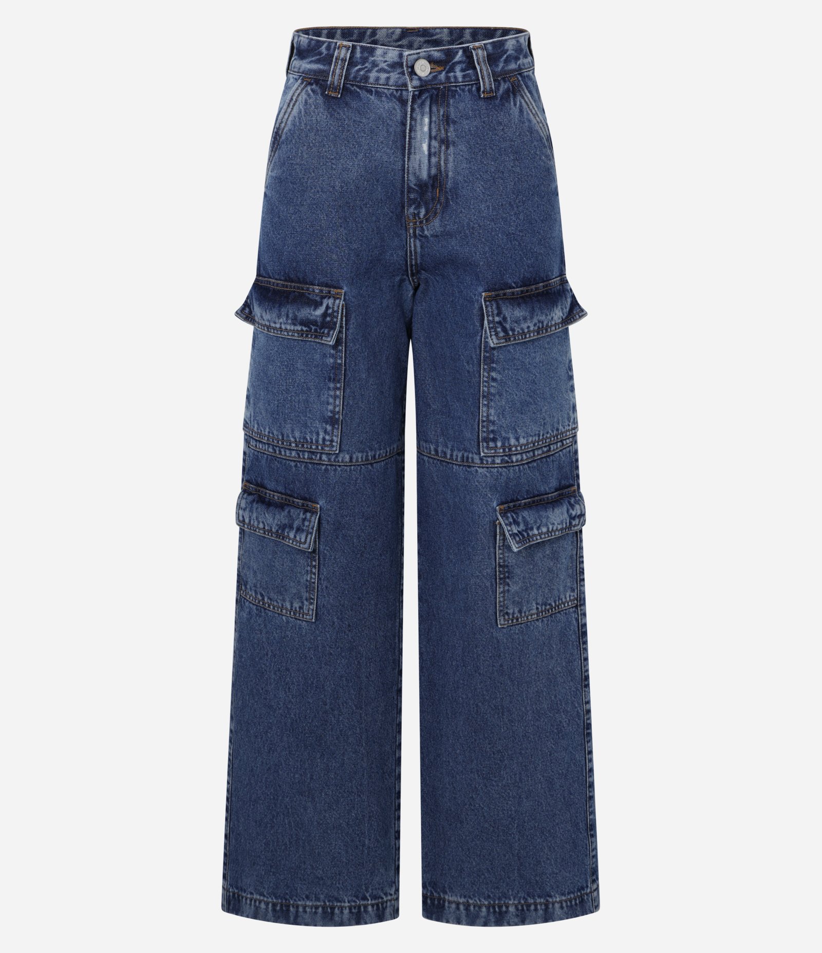 Calça Wide Leg em Jeans com Bolso Cargo Azul Escuro 6