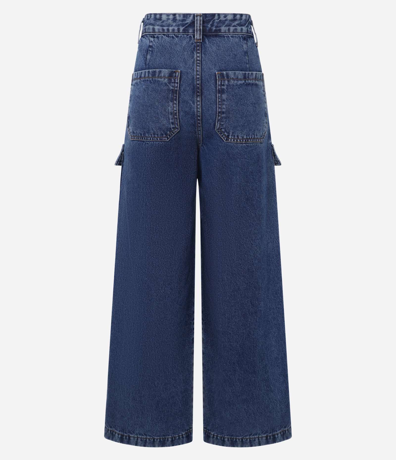 Calça Wide Leg em Jeans com Bolso Cargo Azul Escuro 7