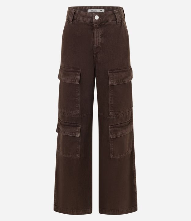 Calça Wide Leg Cintura Alta em Sarja com Bolsos Cargo