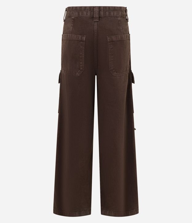 Calça Wide Leg Cintura Alta em Sarja com Bolsos Cargo