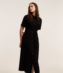Vestido Midi em Sarja com Bolsos Utilitários e Amarração