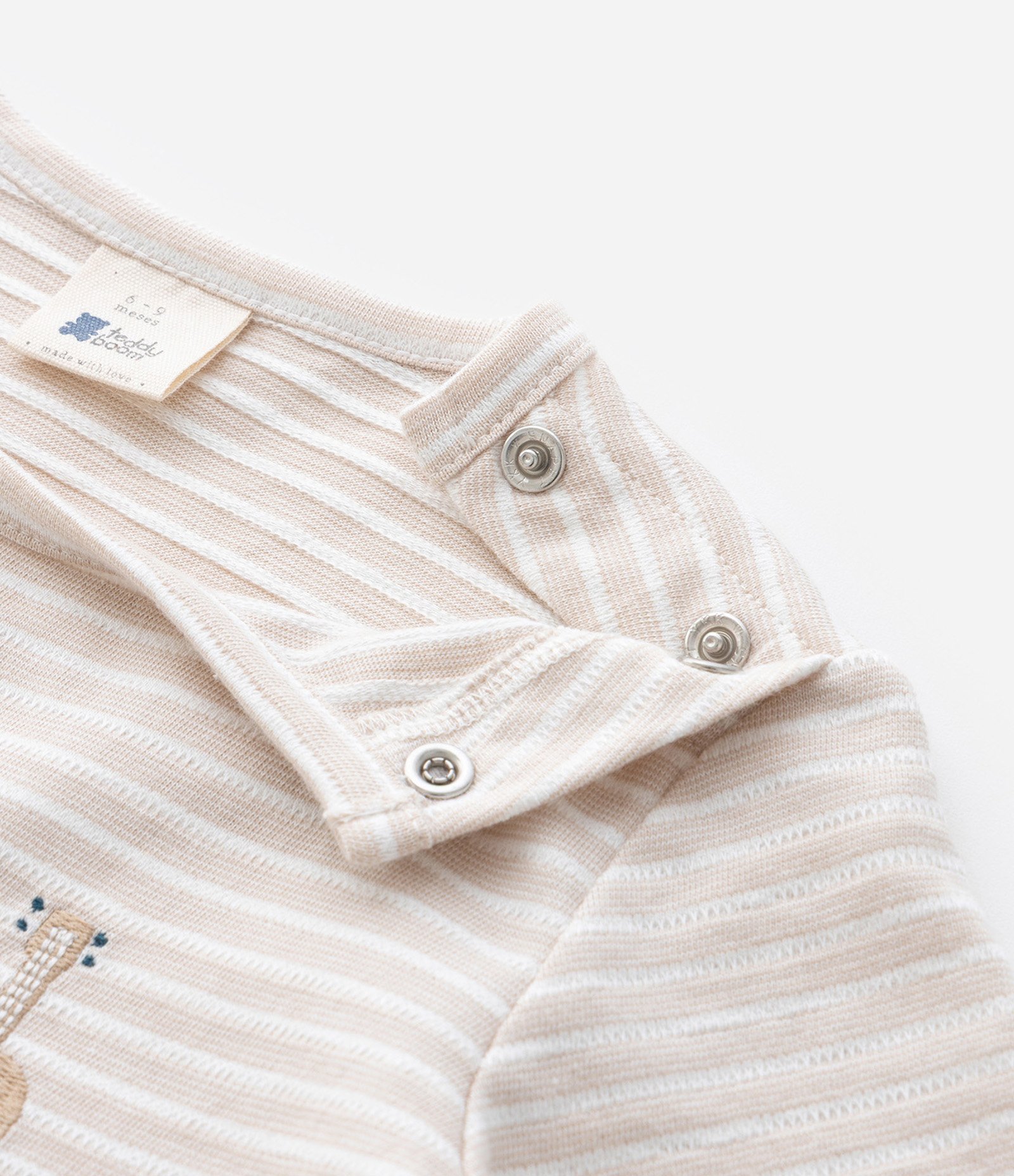 Camiseta Infantil Listrada com Bordado - Tam 0 a 18 Meses Bege 4