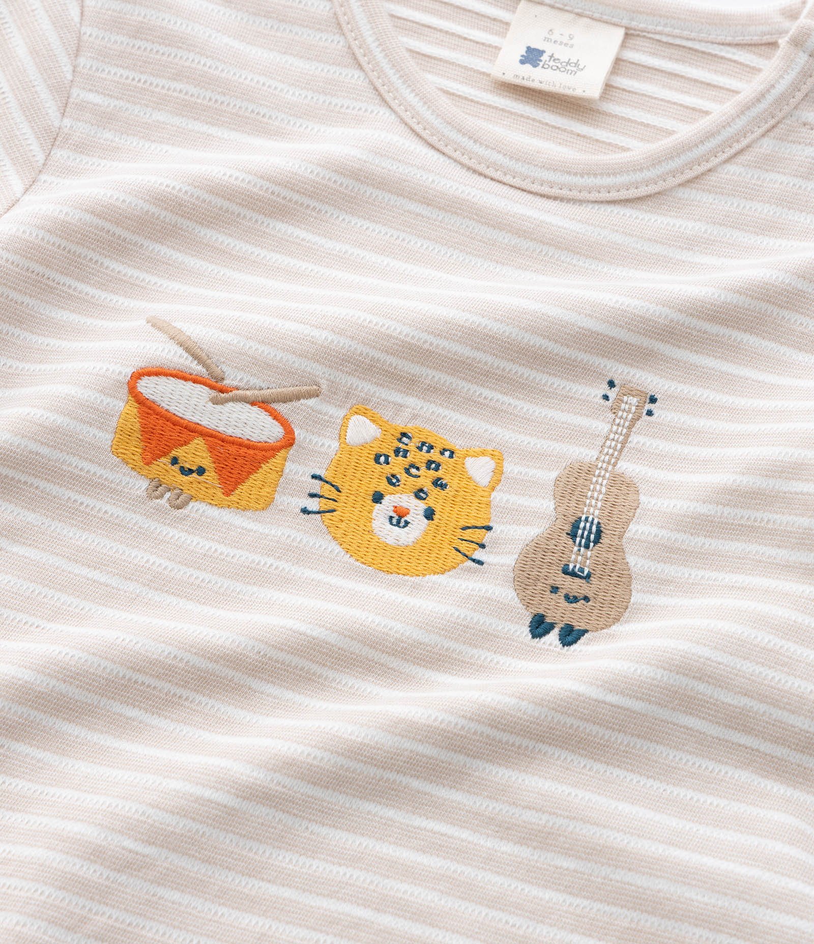 Camiseta Infantil Listrada com Bordado - Tam 0 a 18 Meses Bege 5