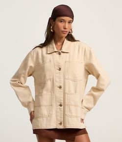 Jaqueta em Sarja com Bolsos e Costura Aparente