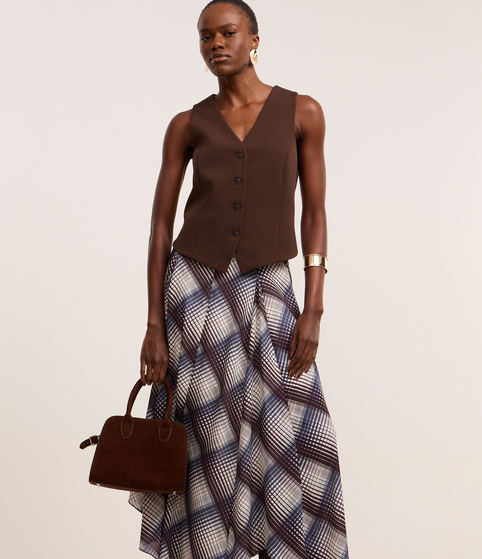 Saia Longa em Chiffon Xadrez com Efeito Degradê e Pregas Azul/Bege 2