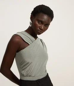 Body em Ribana com Decote Assimétrico e Detalhes Franzidos