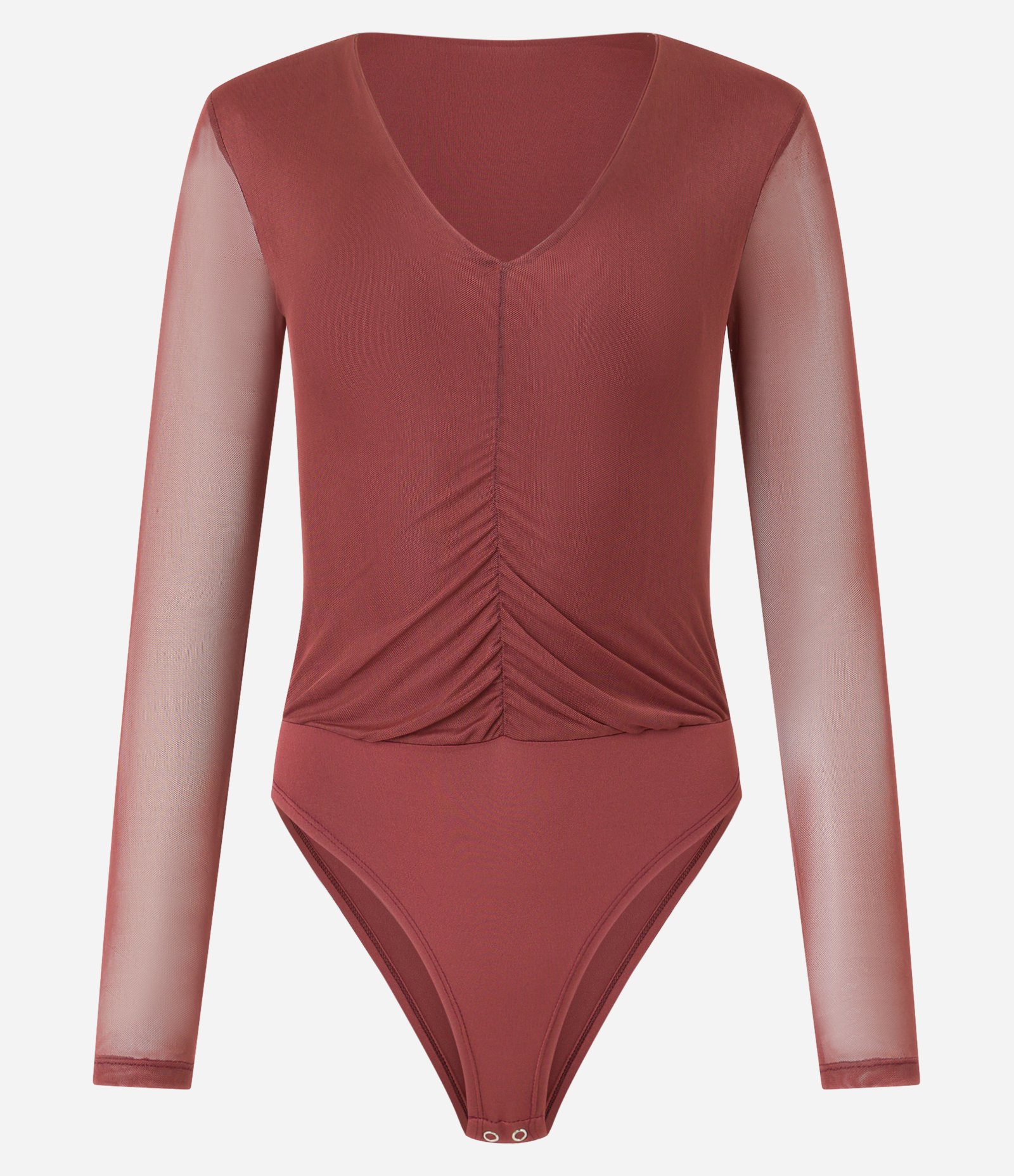 Body em Tule com Franzido Frontal e Manga Transparente Marrom 1