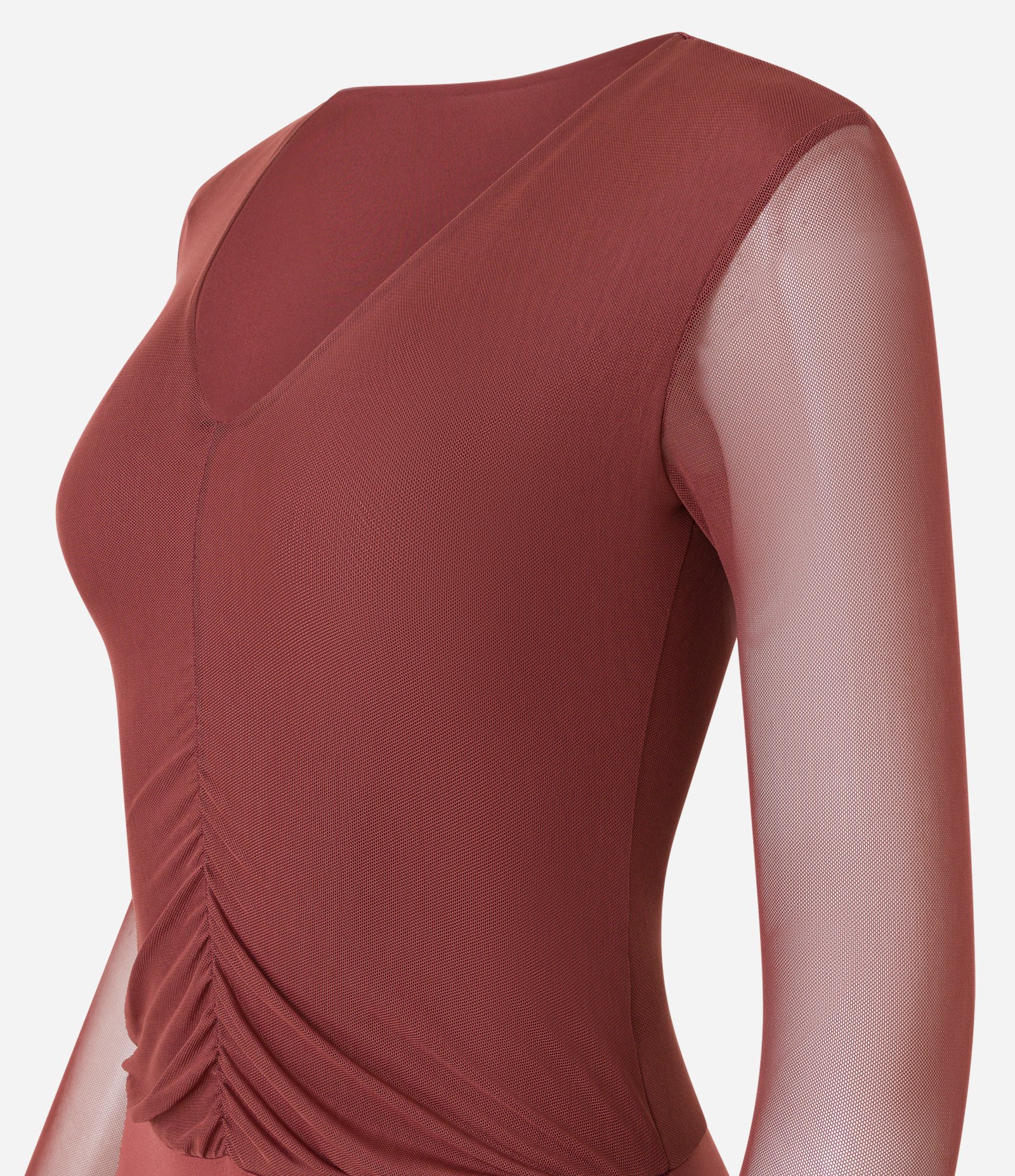 Body em Tule com Franzido Frontal e Manga Transparente Marrom 2