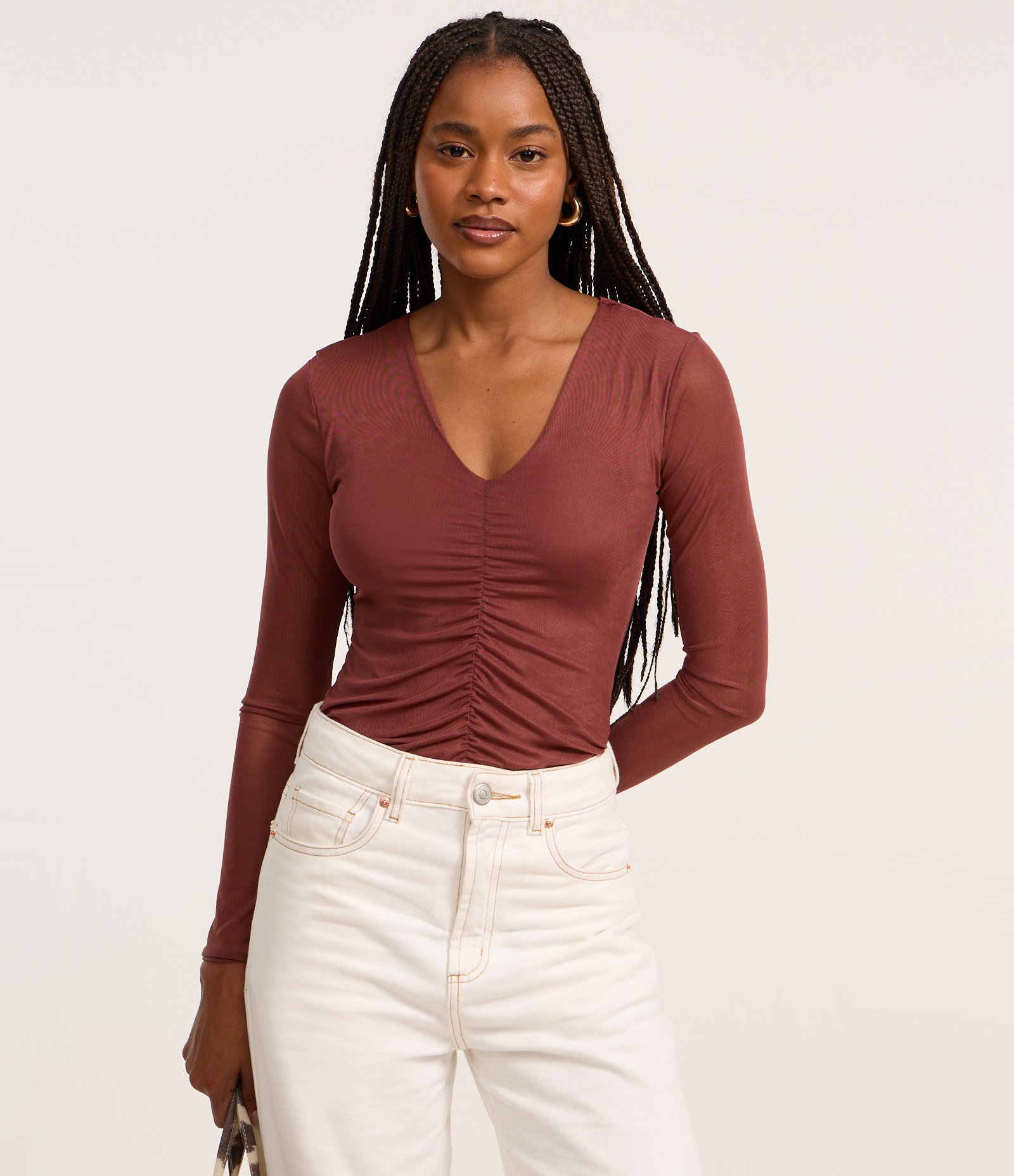 Body em Tule com Franzido Frontal e Manga Transparente Marrom 3