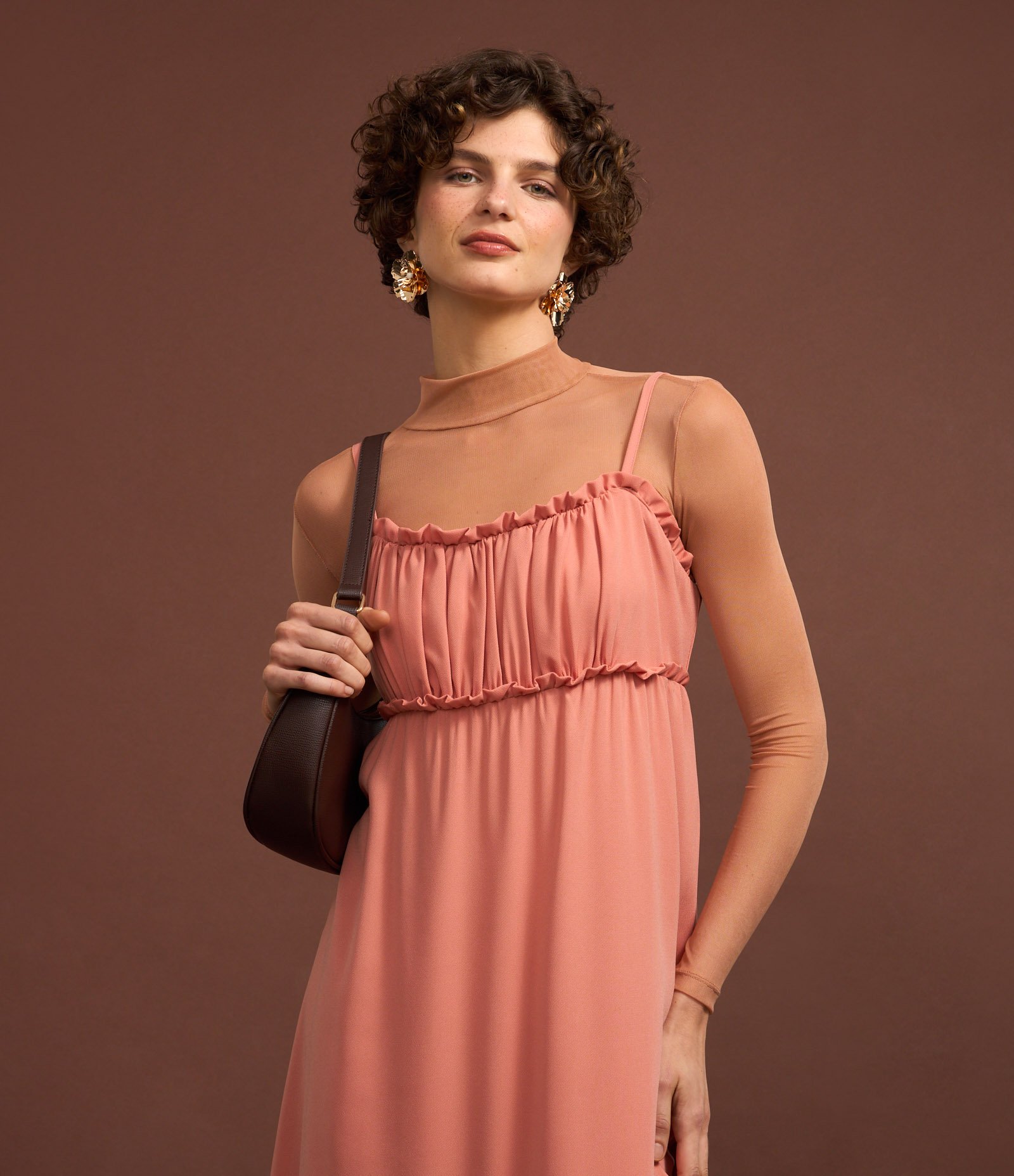 Blusa em Tule Segunda Pele com Transparência Marrom 4