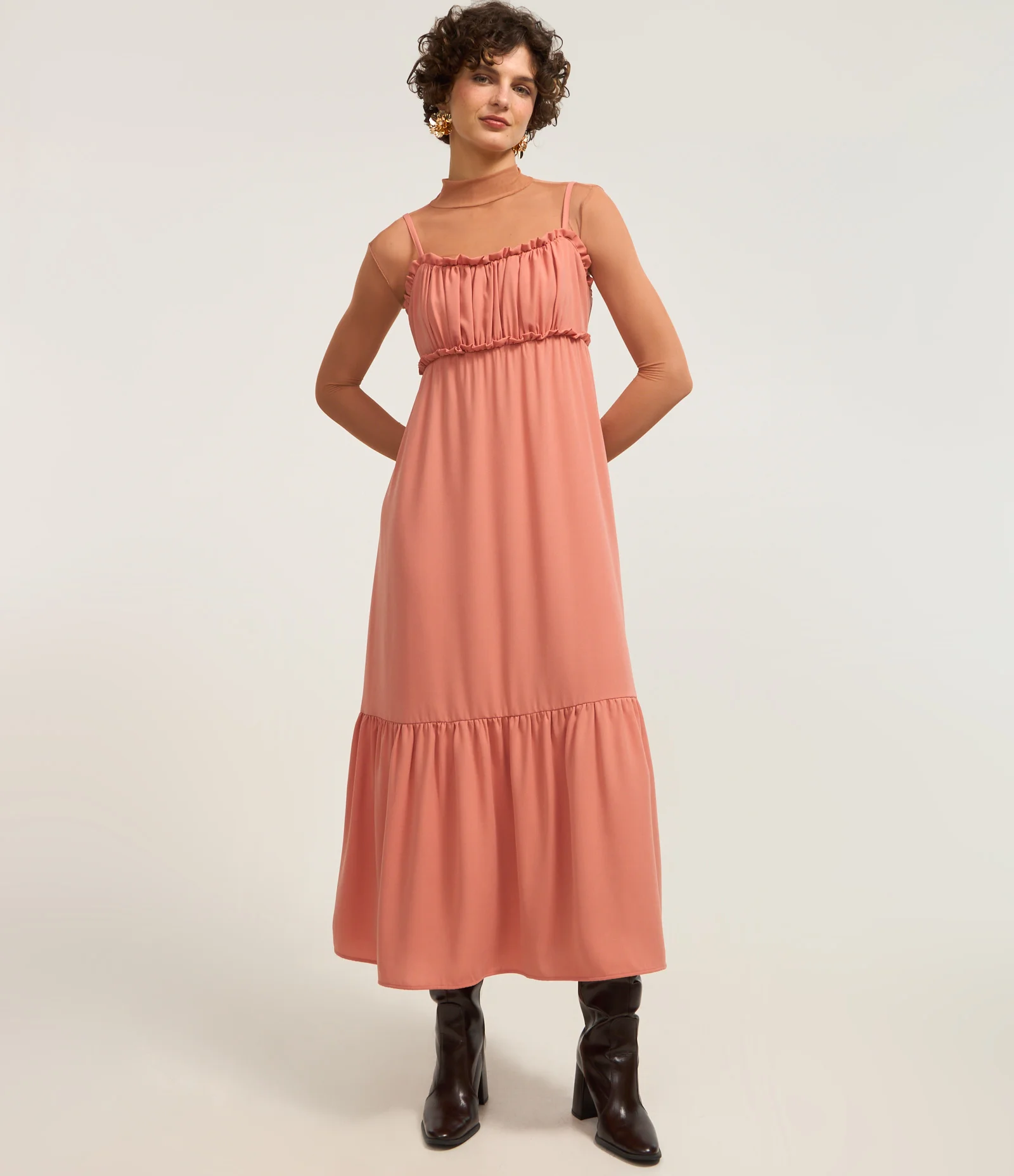 Blusa em Tule Segunda Pele com Transparência Marrom 2