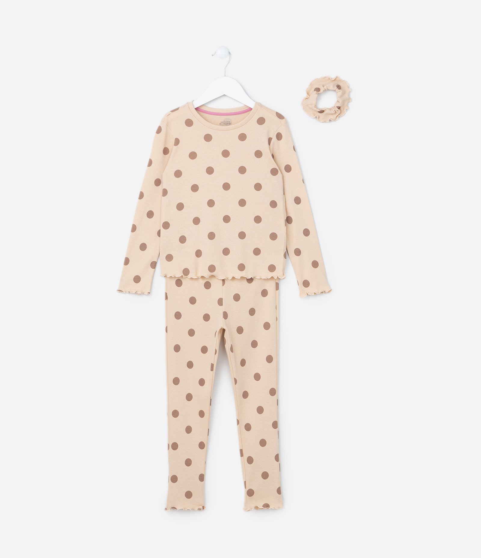 Pijama Infantil com Scrunchie e Estampa Poá - Tam 2 a 14 Anos Bege 1