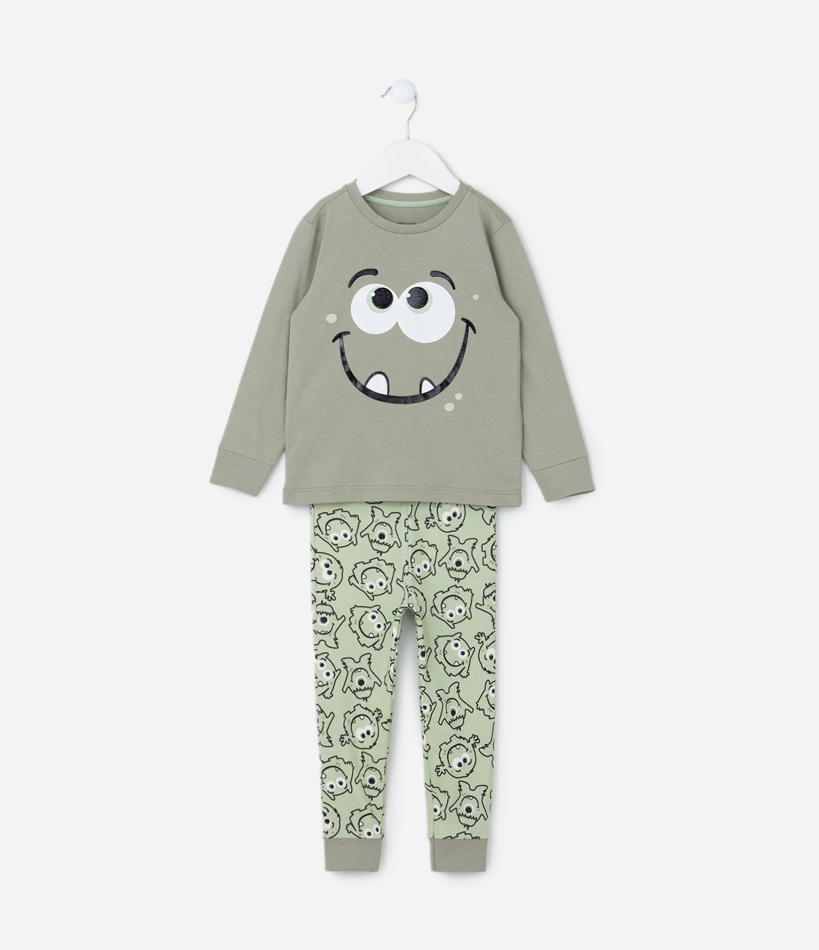 Pijama Longo Infantil Estampado de Monstrinho - Tam 1 a 6 anos Verde 1