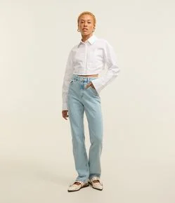 Calça Reta Elastizada em Jeans com Cintura Alta e Efeito Marmorizado