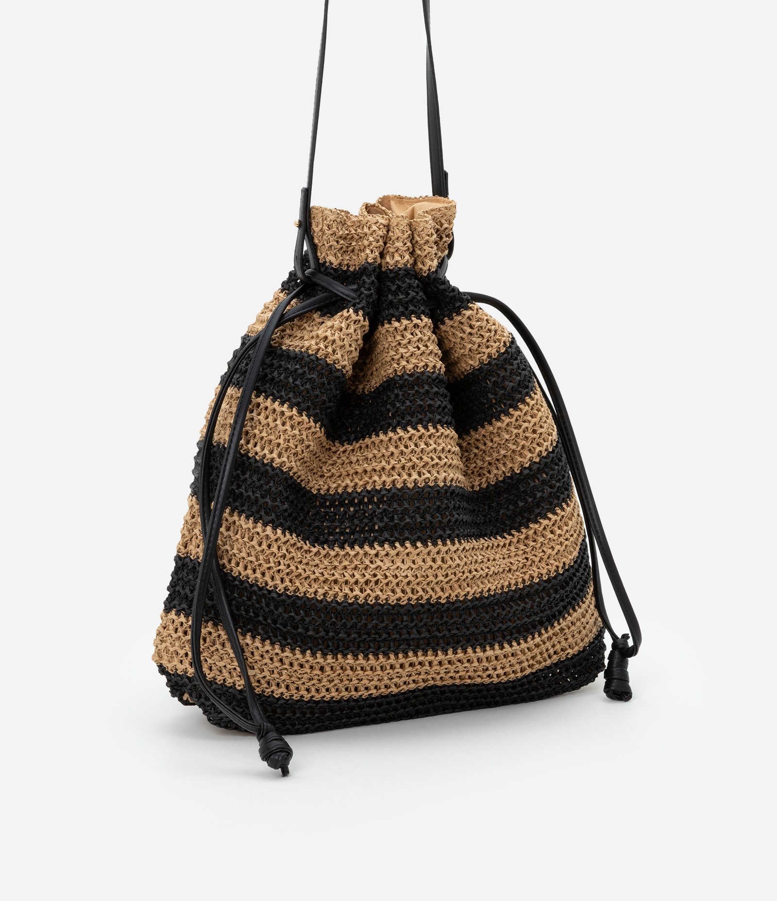 Bolsa de Praia Saco em Palha de Papel Listrada Bege/Preto 2