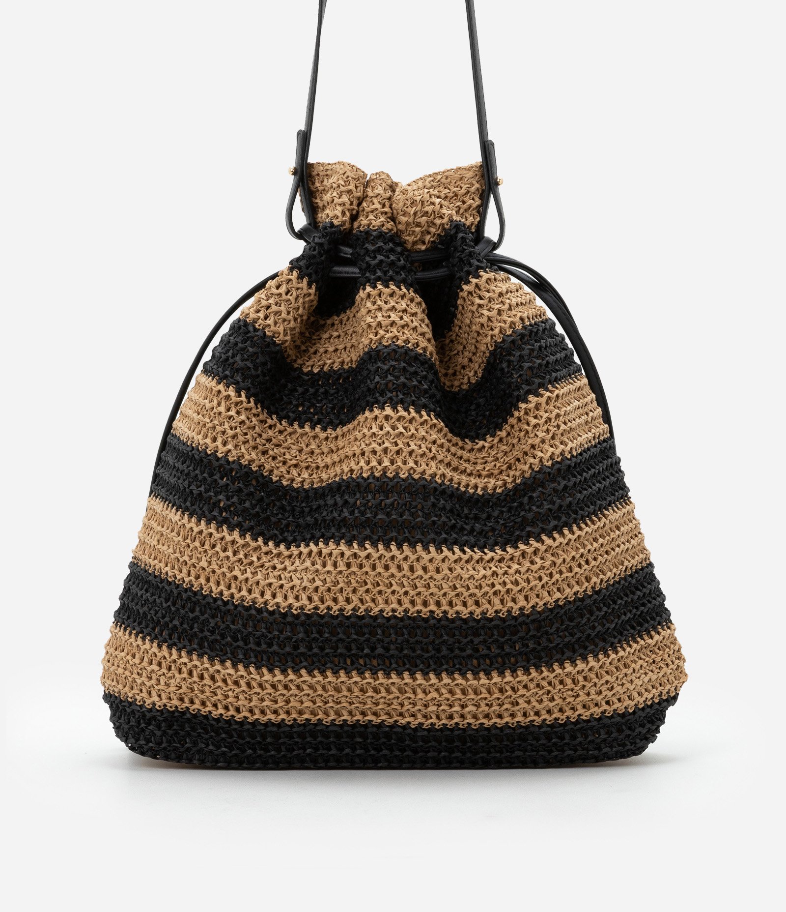 Bolsa de Praia Saco em Palha de Papel Listrada Bege/Preto 4