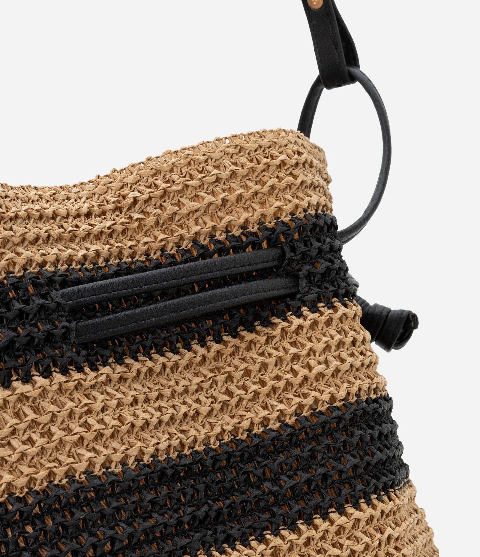 Bolsa de Praia Saco em Palha de Papel Listrada Bege/Preto 5