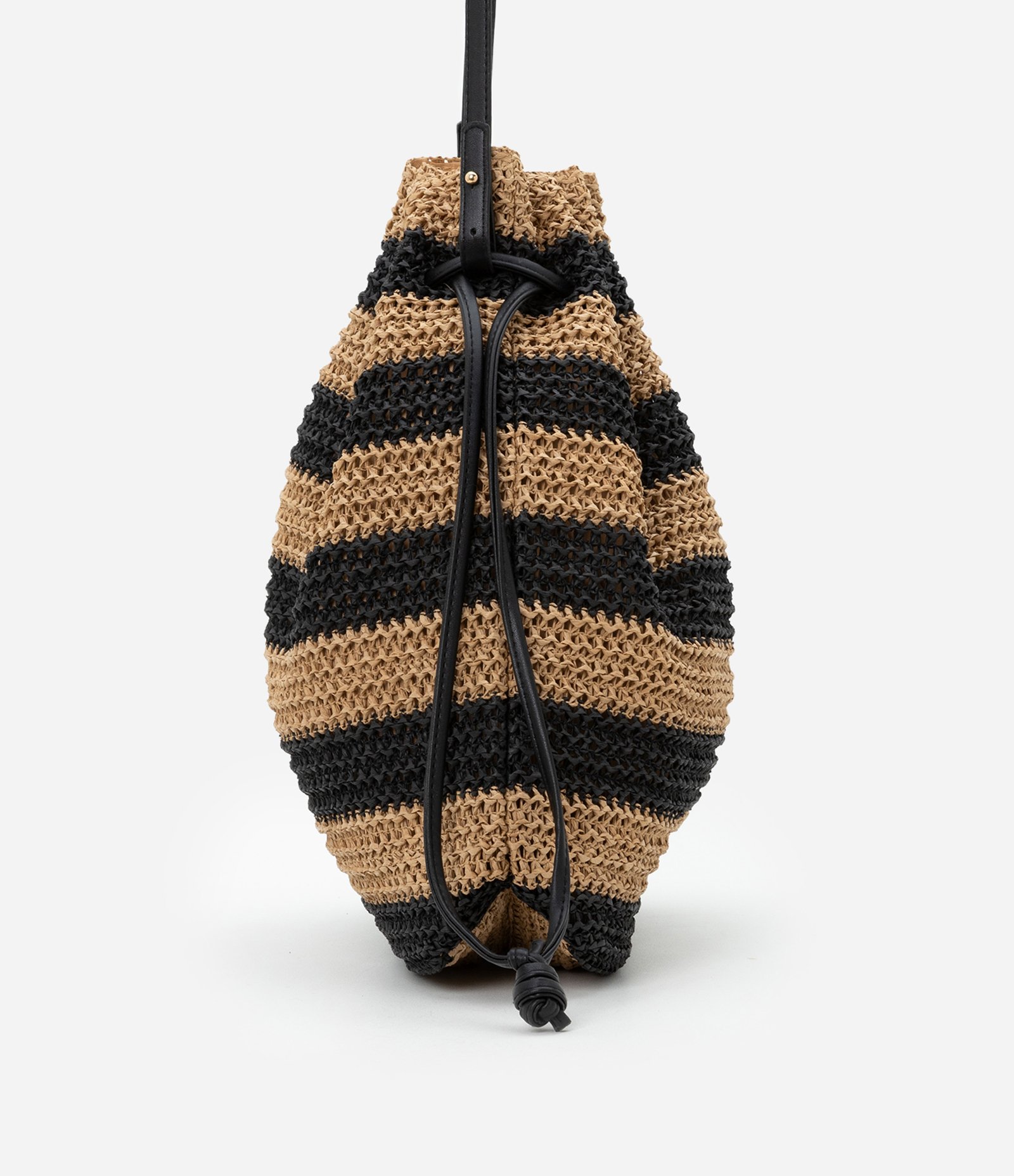 Bolsa de Praia Saco em Palha de Papel Listrada Bege/Preto 6