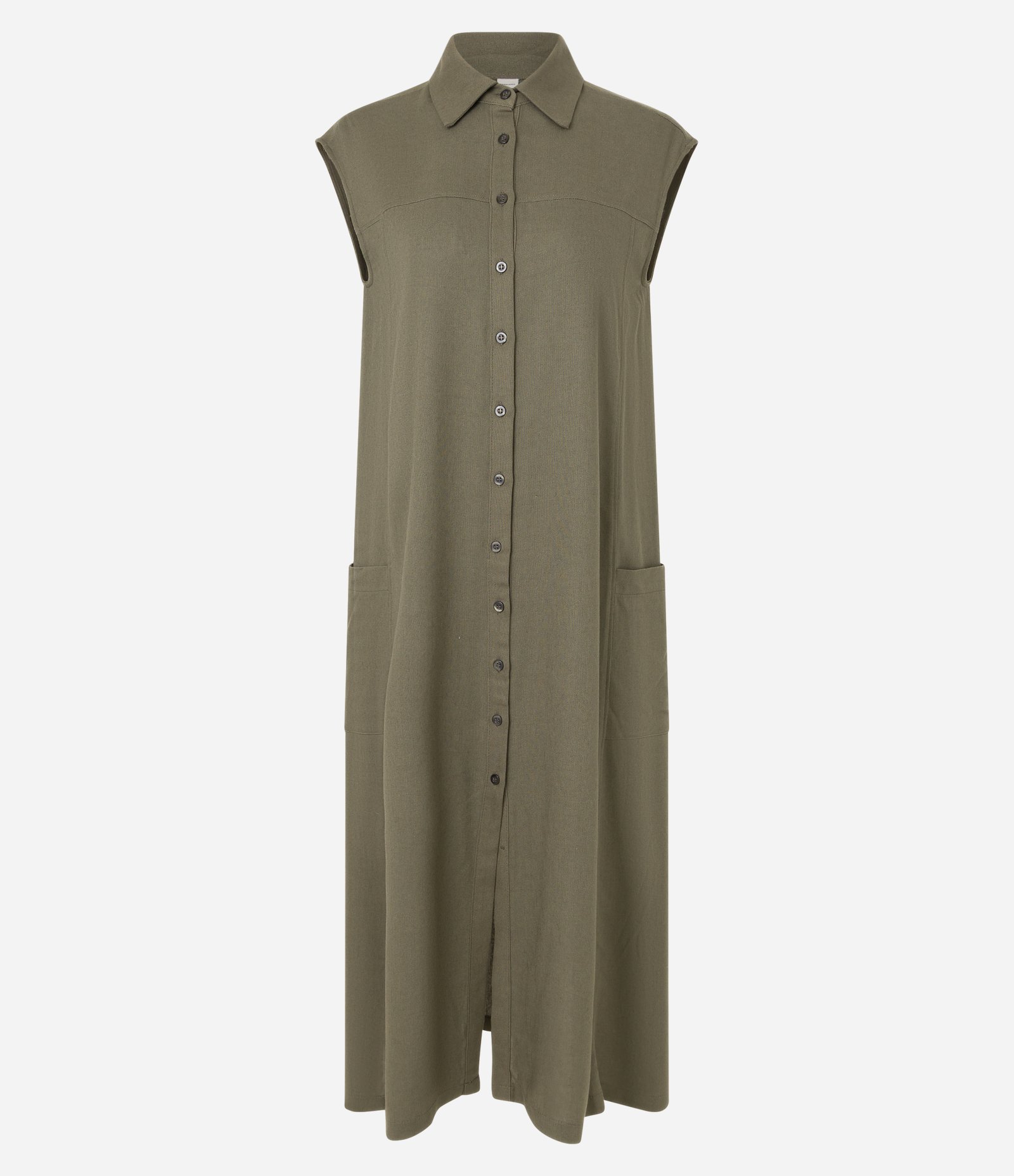 Vestido Chemise Plano com Linho e Botões Verde 5