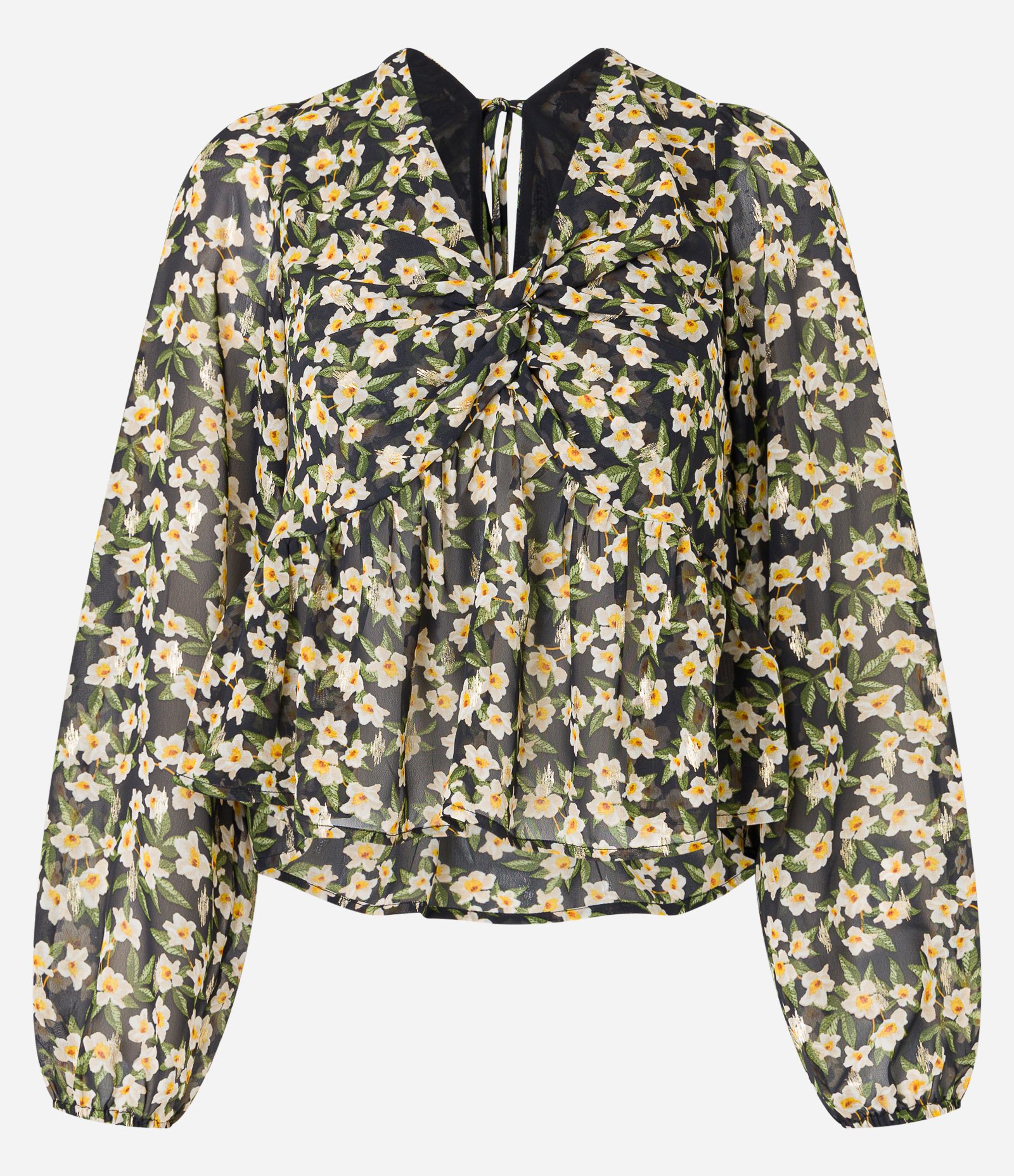 Blusa Curta em Chiffon com Amarração e Estampa Floral Preto 8