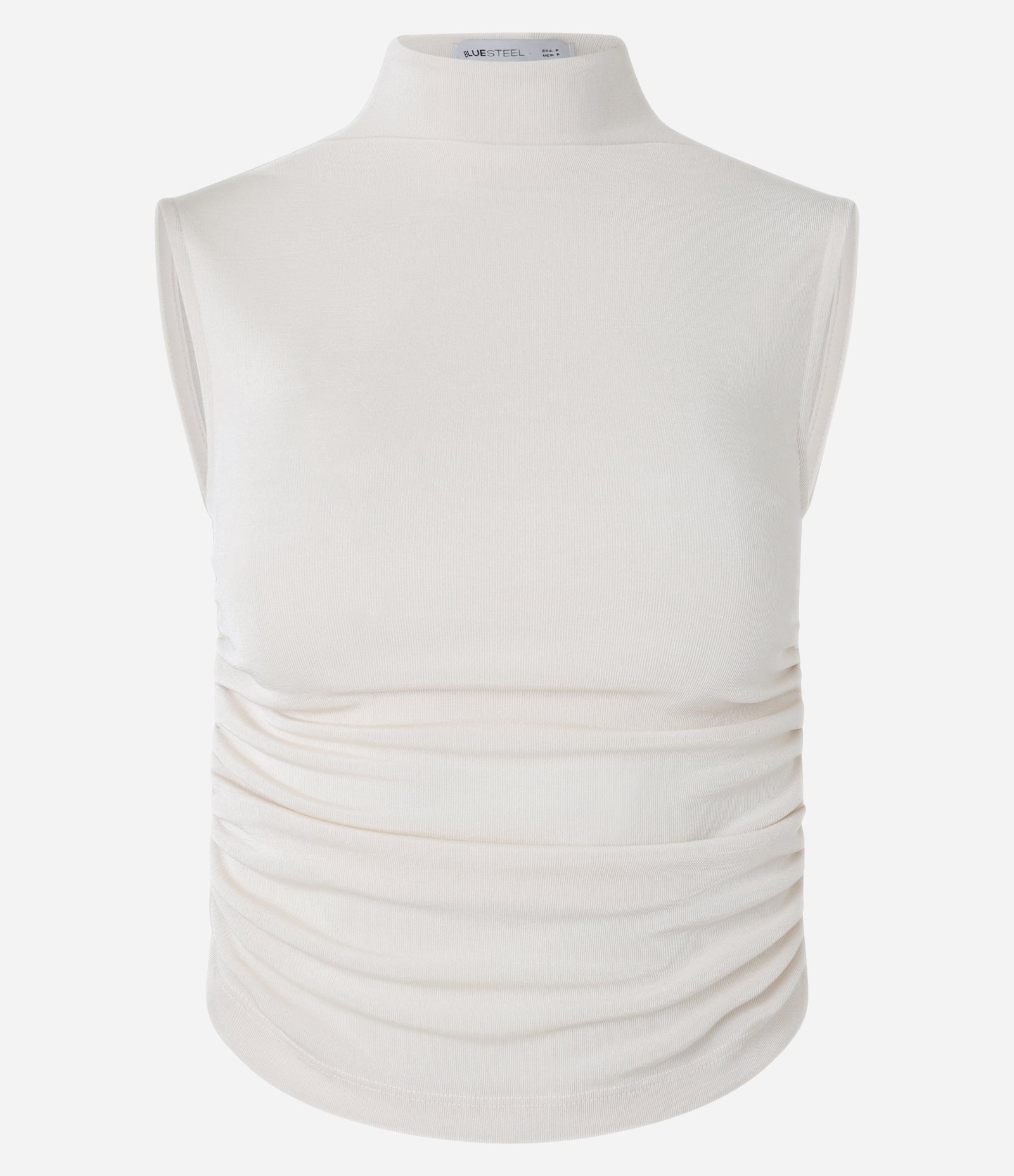 Blusa Cropped Franzida em Ribana com Gola Alta e Costas Abertas Bege 7