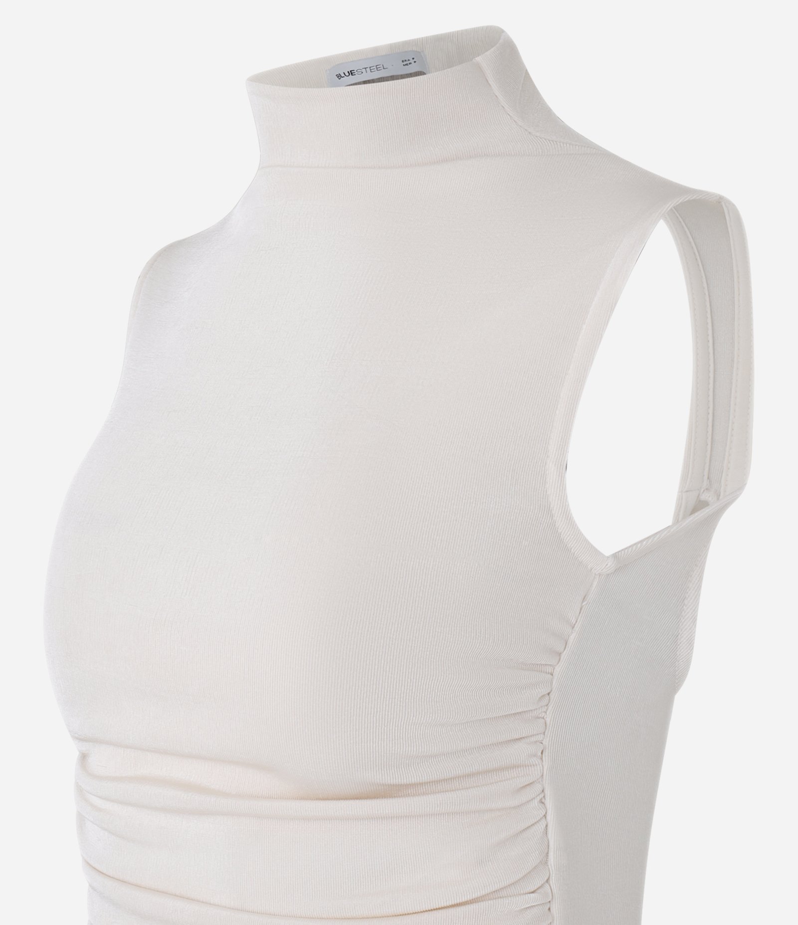 Blusa Cropped Franzida em Ribana com Gola Alta e Costas Abertas Bege 8