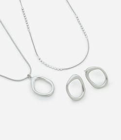 Conjunto de Colar Duplo e Brinco em Metal com Pingente Orgânico