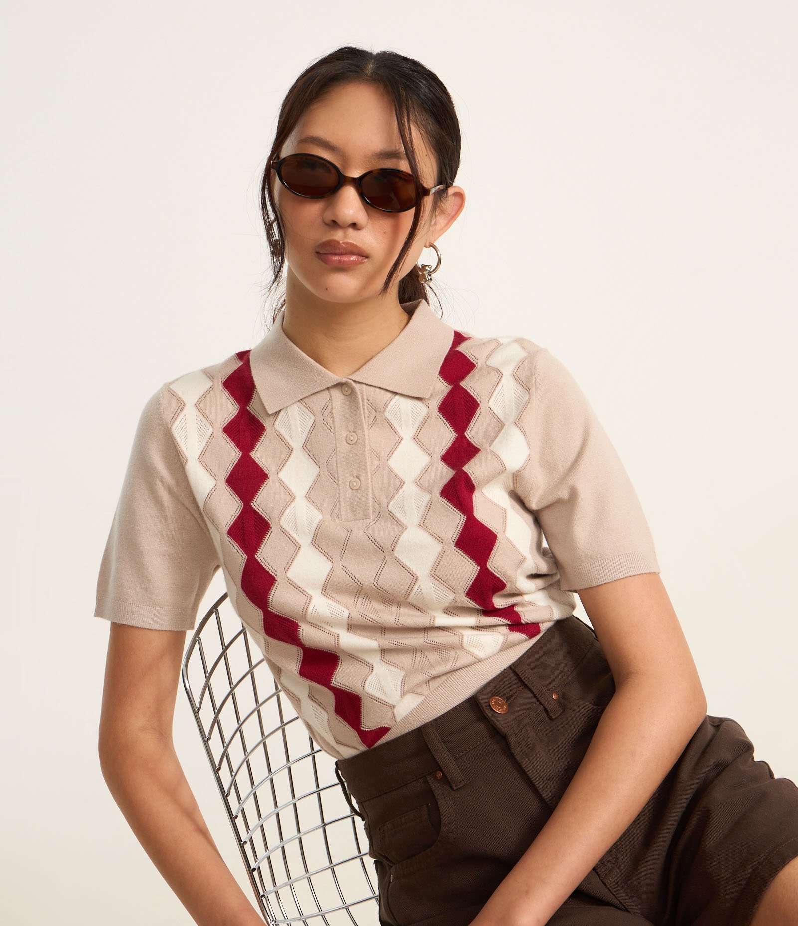 Blusa em Jacquard com Gola Polo e Estampa Geométrica Bege 1