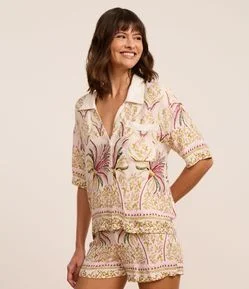 Pijama Short Doll Americano em Tricoline com Estampa Tropical