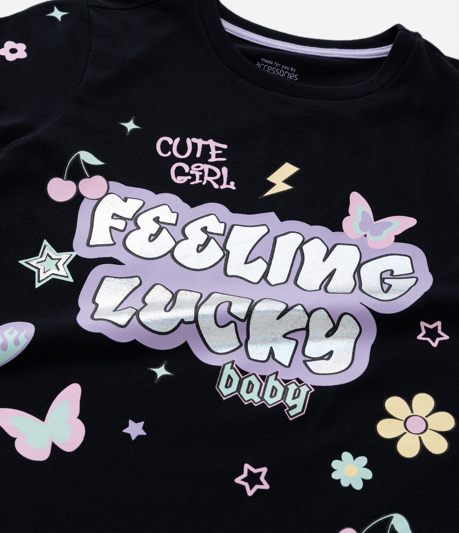 Camisola Infantil com Lettering Feeling Lucky - Tam 5 a 14 Anos Preto 5