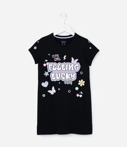 Camisola Infantil com Lettering Feeling Lucky - Tam 5 a 14 Anos