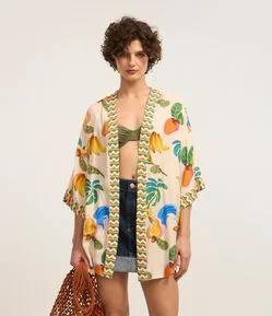 Kimono Alongado em Viscose com Estampa Frutas