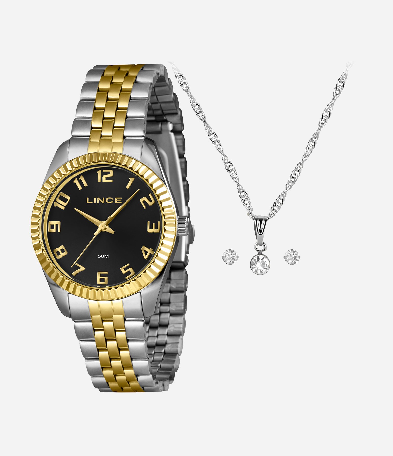 Kit Relógio Analógico Feminino Lince  Prata e Dourado 1
