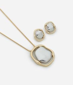 Conjunto de Colar Longo e Brincos em Forma Orgânica e Banho Misto