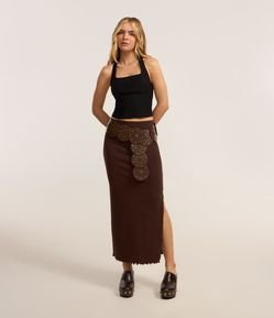 Saia Midi em Ribana com Barra Picot e Fenda