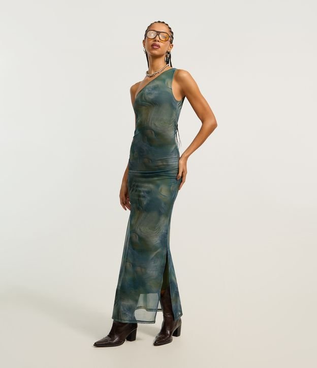 Vestido Midi em Tule com Ombro Só e Estampa Abstrata
