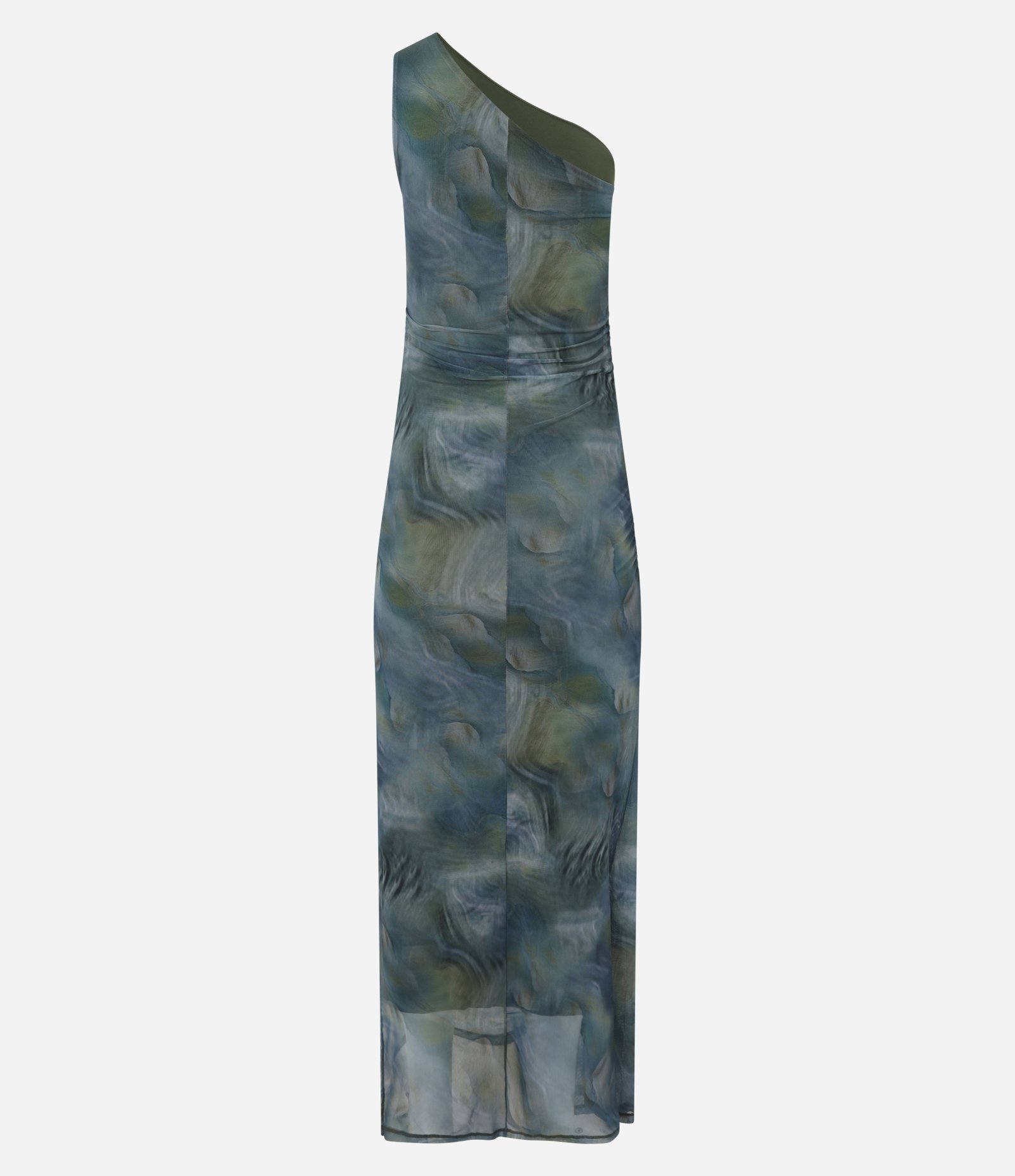 Vestido Midi em Tule com Ombro Só e Estampa Abstrata Verde 7