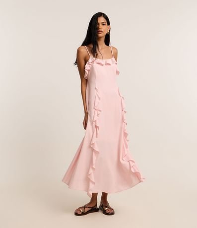 Menor preço em Vestido Evasê Midi em Viscolinho com Babados Jabô