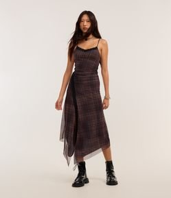 Vestido New Midi em Tule Xadrez com Pontas na Barra