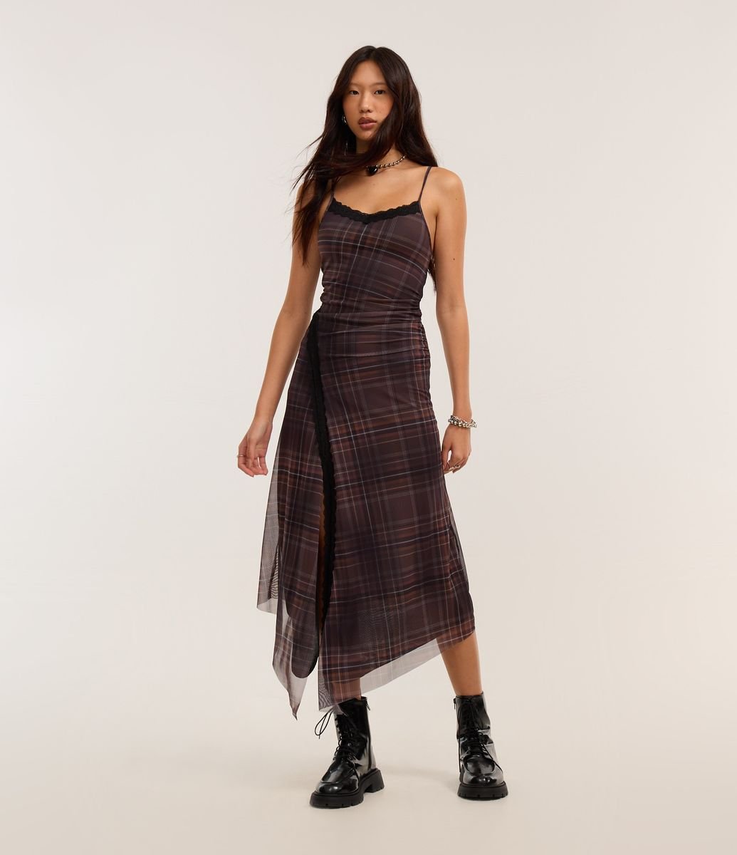 Vestido New Midi em Tule Xadrez com Pontas na Barra Marrom
