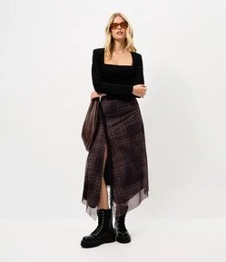 Saia New Midi em Tule Xadrez com Pontas